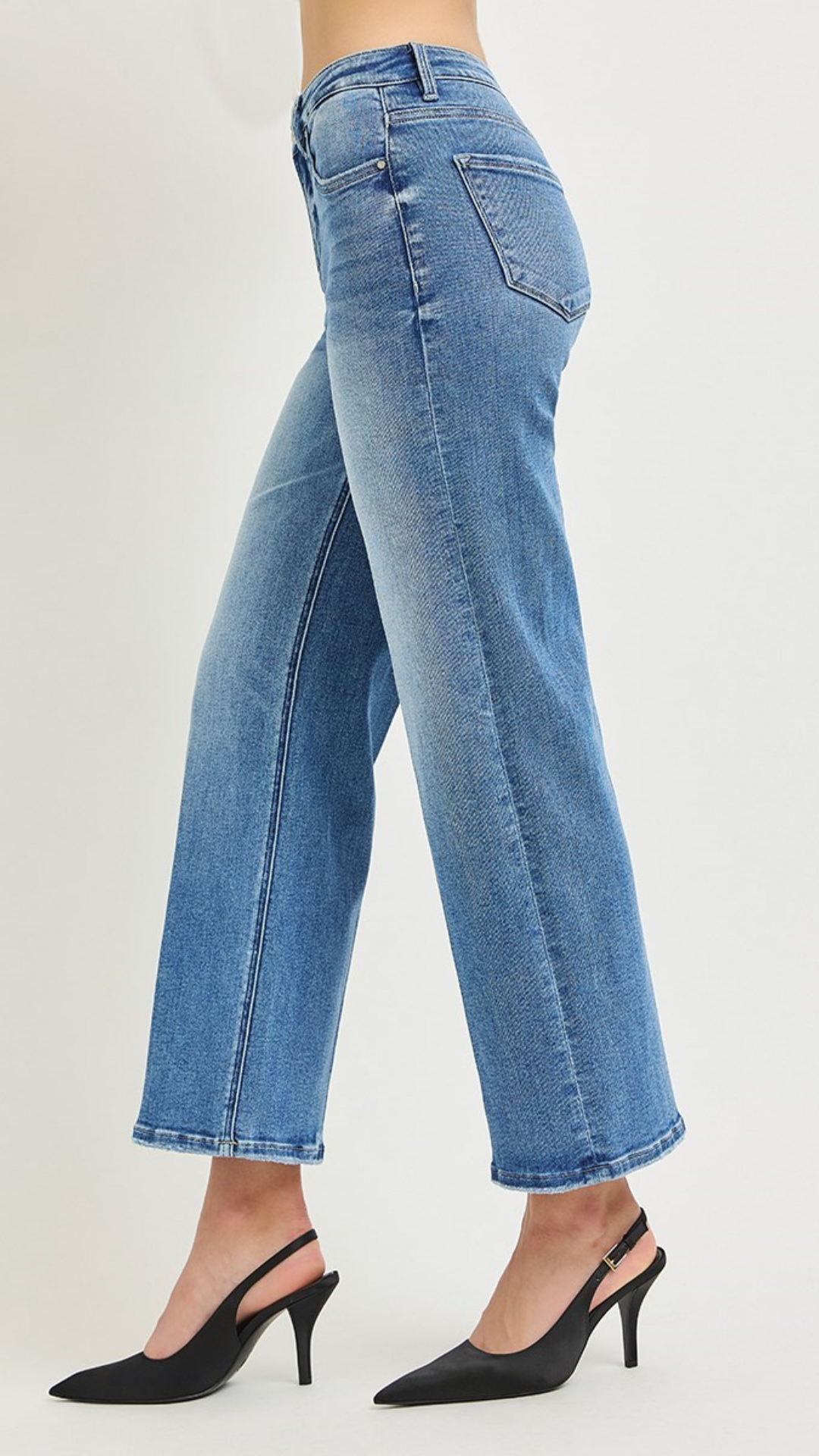 High Rise Medium Wash Tummy Control Creased Seam Full Length Straight Jeans