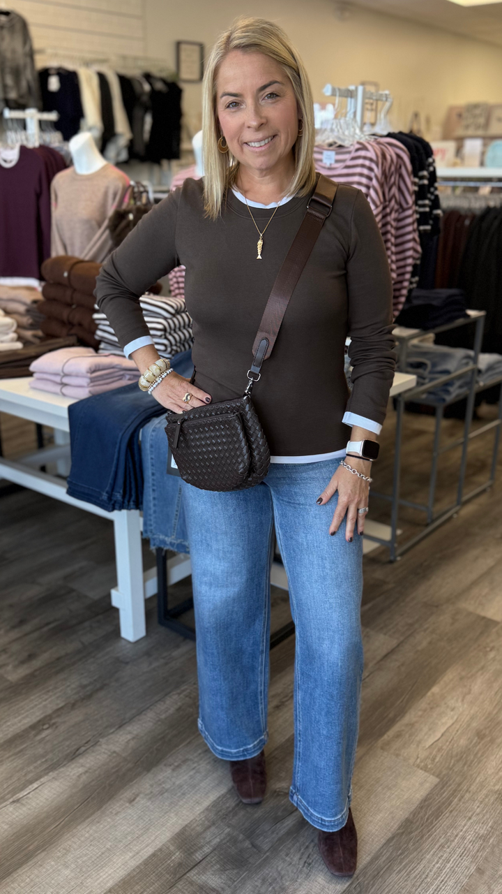 Coffee And White Contrast Trim Long Sleeve Top