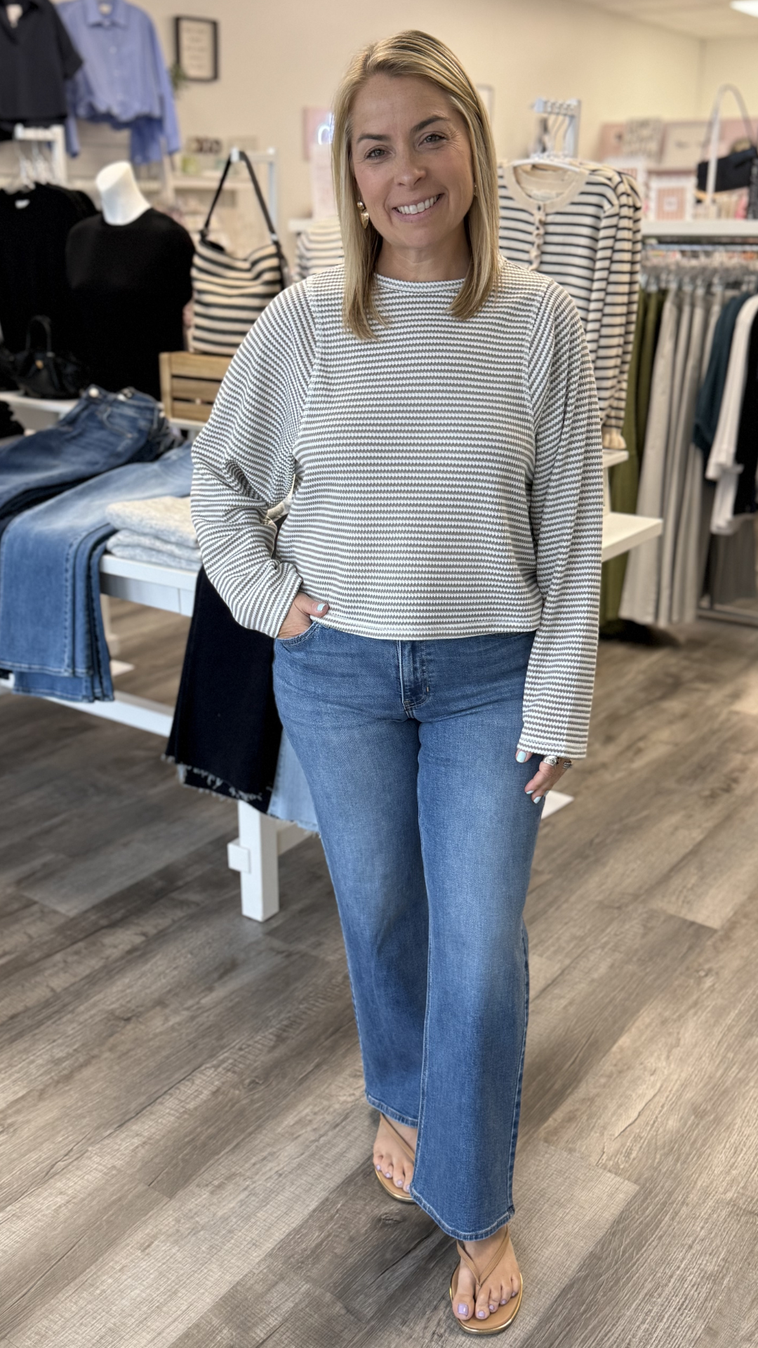 Grey Striped Waffle Long Sleeve Top