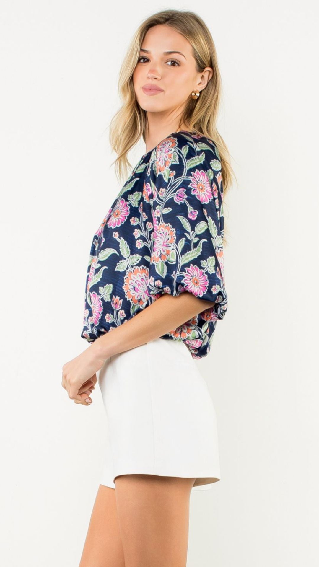 Floral Boatneck Balloon Sleeve Blouse