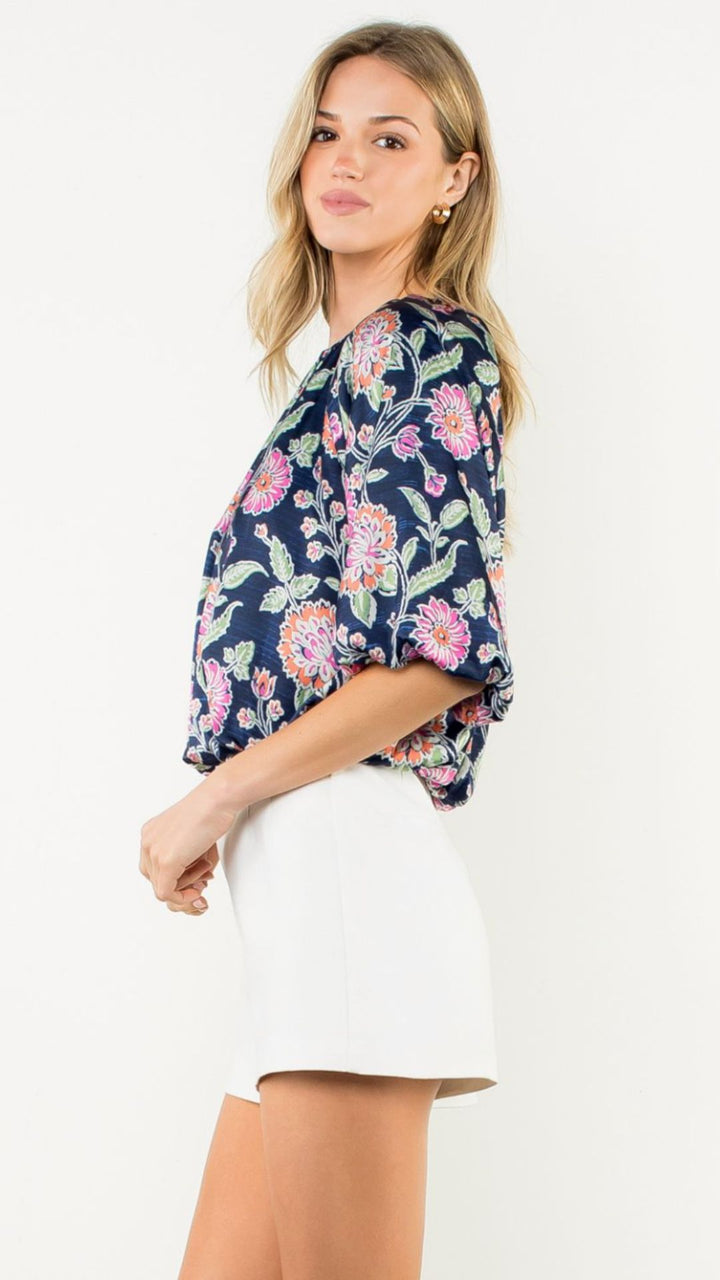 Floral Boatneck Balloon Sleeve Blouse