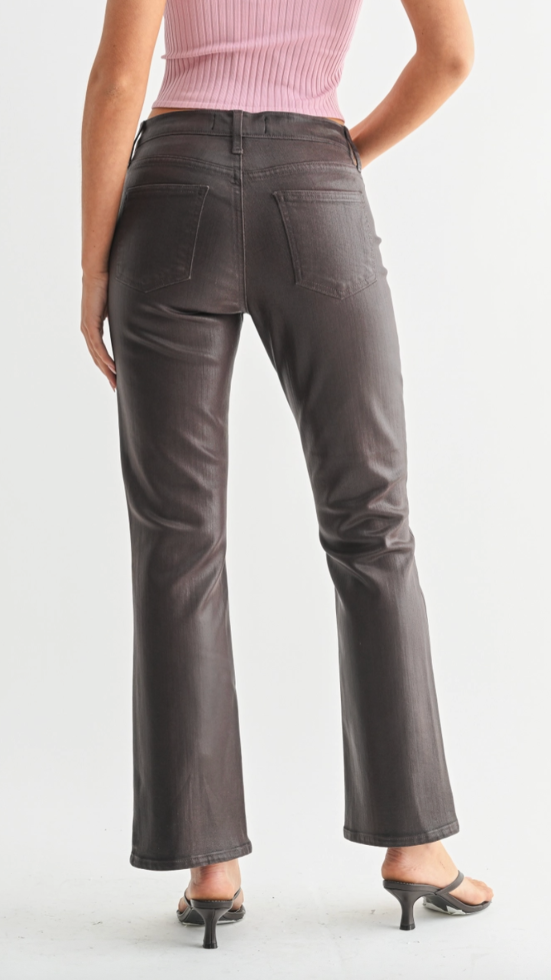 Mid Rise Coated Espresso Slim Cropped Bootcut Jeans