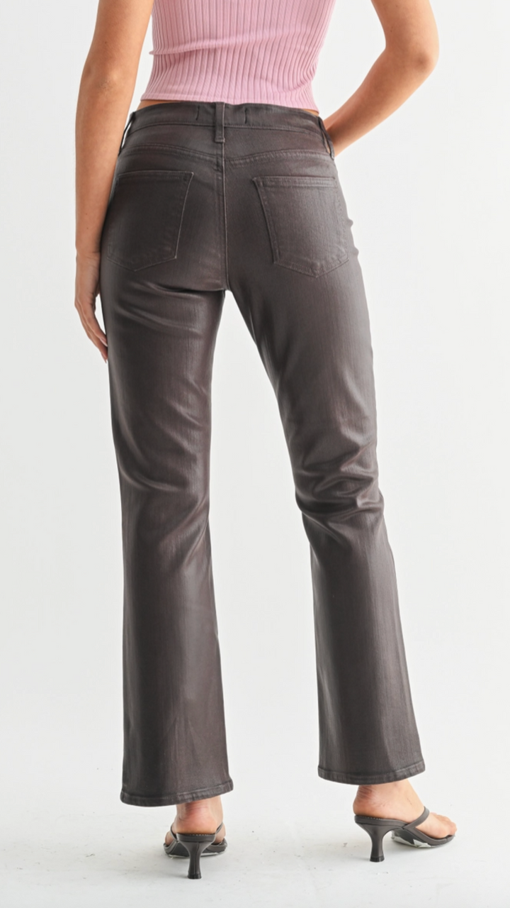 Mid Rise Coated Espresso Slim Cropped Bootcut Jeans