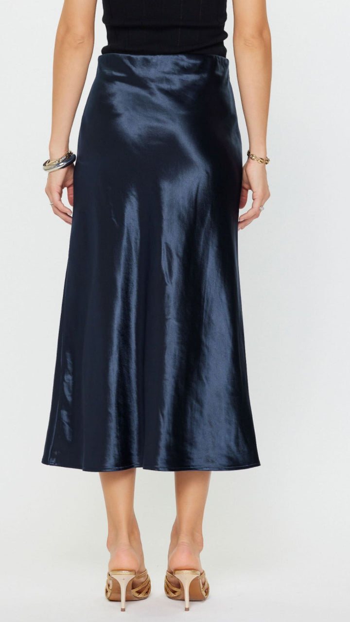 Navy Metallic Silk Midi Skirt