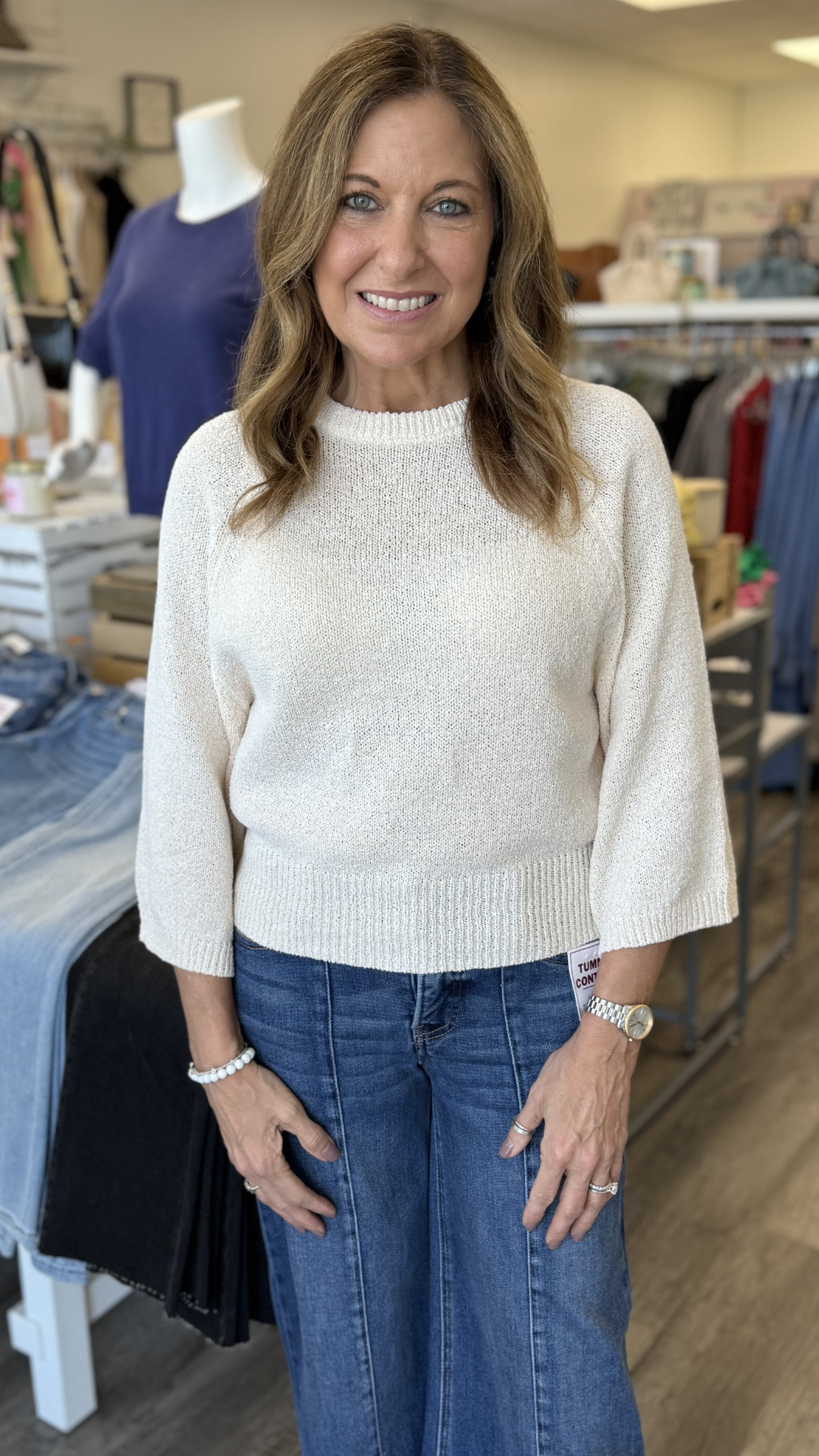 Cream Round Neck Quarter Sleeve Knitted Top