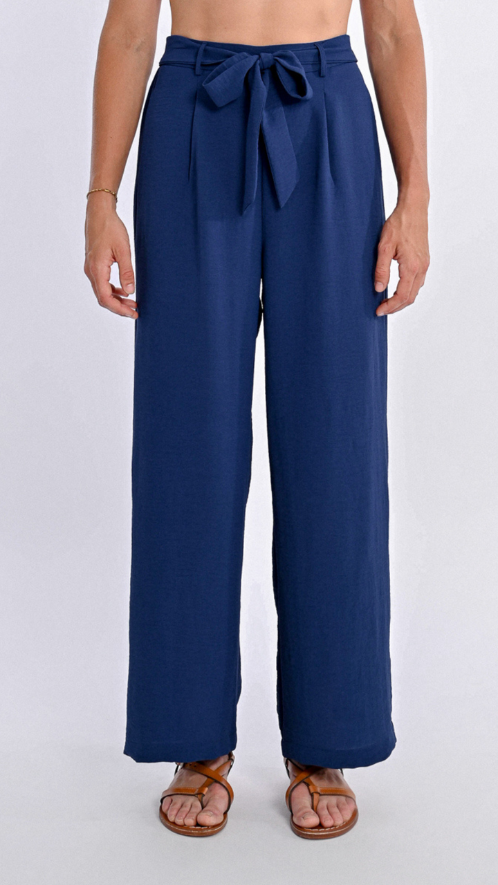 Navy Blue Woven Tie Front Pants