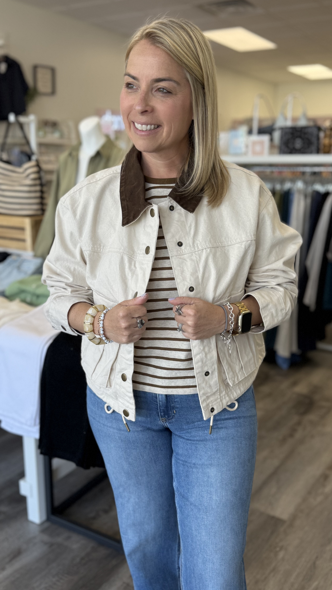 Ecru Collar Contrasted Utility Jacket