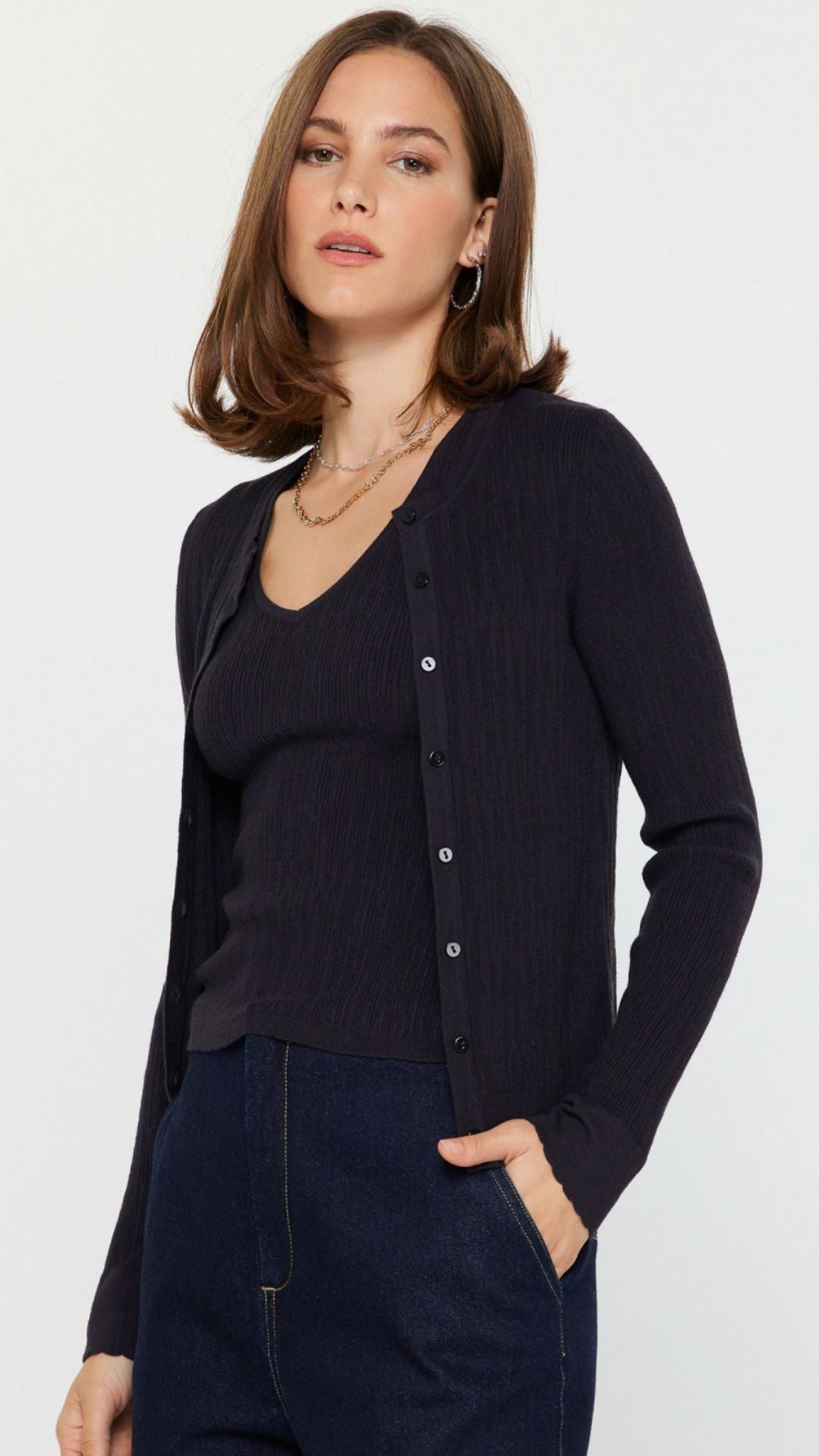 Black Ribbed Cardigan With Tank Top Set
