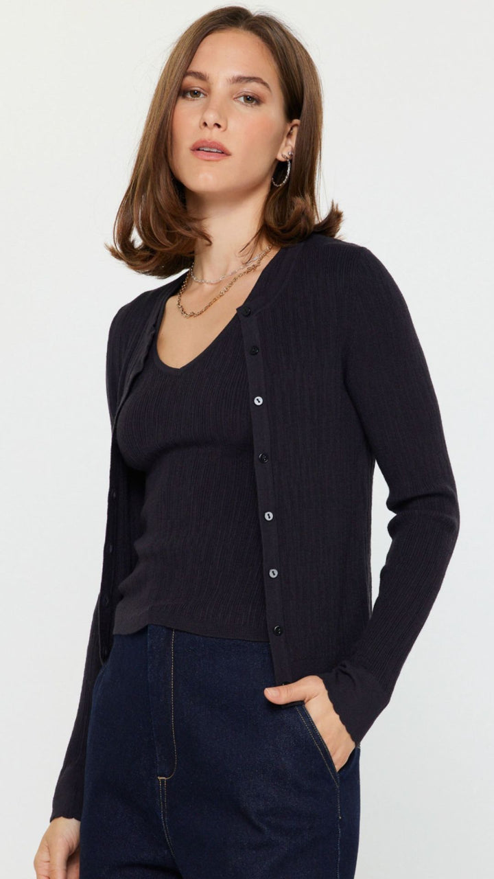 Black Ribbed Cardigan With Tank Top Set