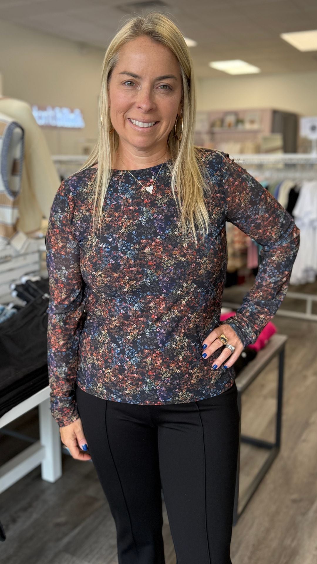 Dark Floral Printed Mesh Top With Gathering At Sides