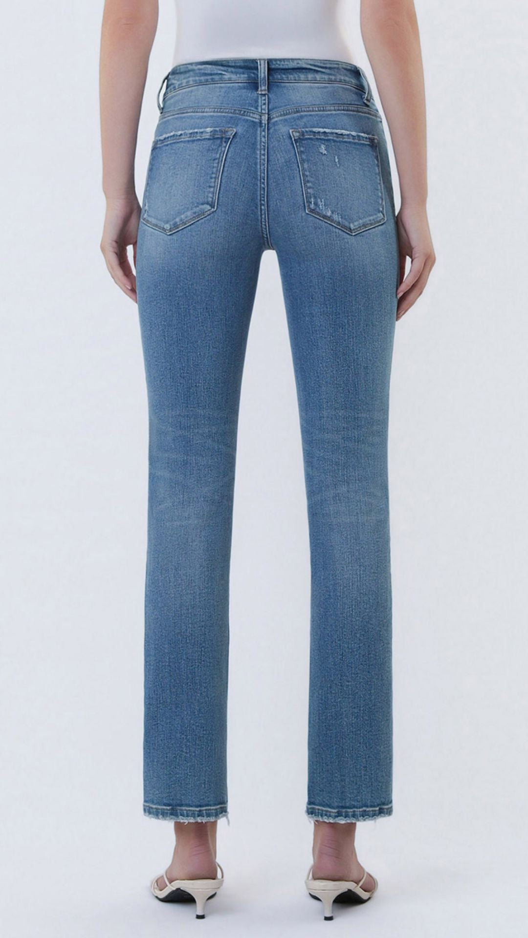 Mid Rise Medium Wash Ankle Slim Straight Slight Distressed Jeans