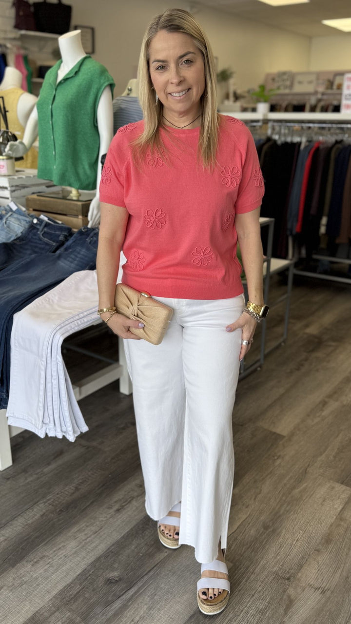 Sorbet Raglan Elbow Sleeve Flower Sweater