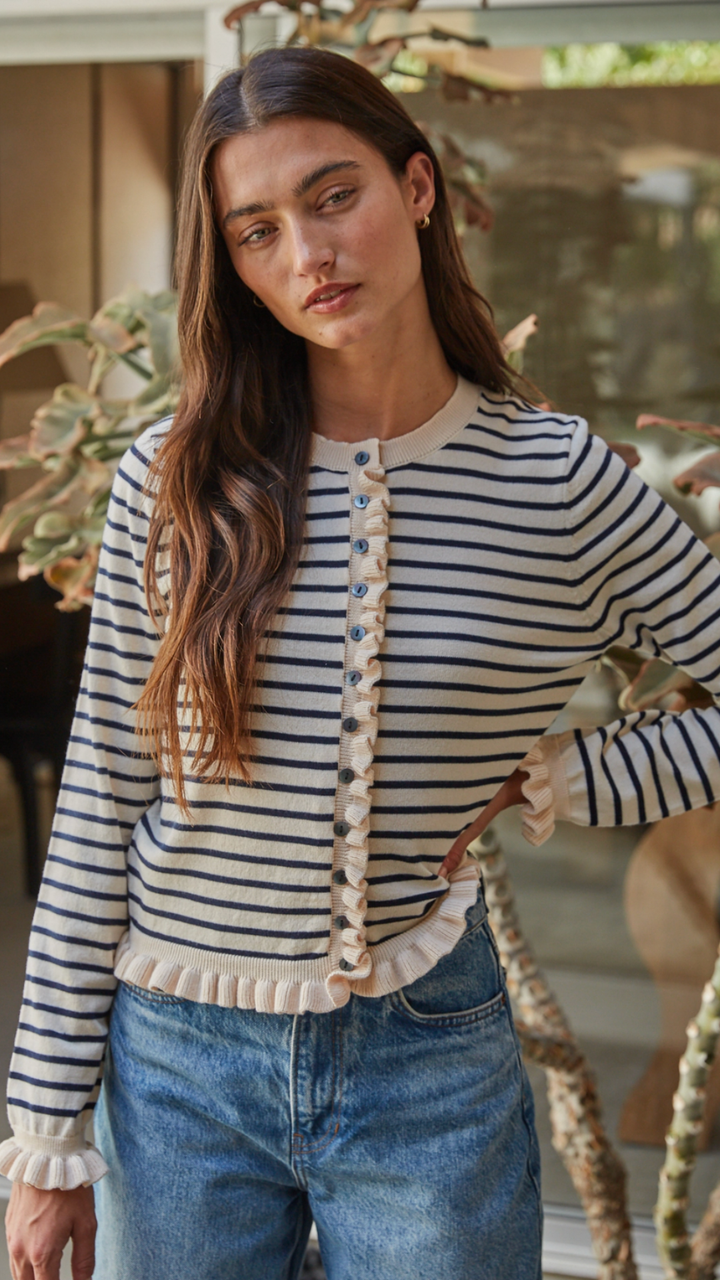 Natural Black Lettuce Trim Cardigan