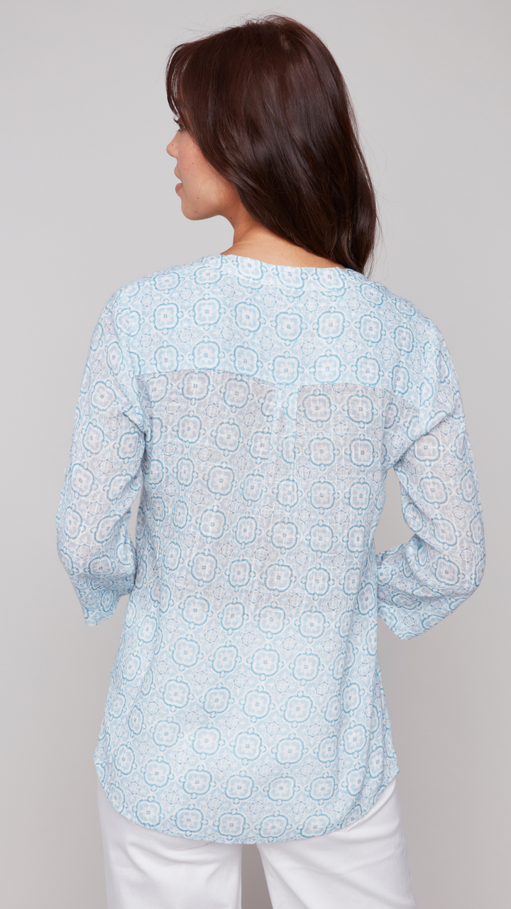 Printed Roll Up Sleeve Cotton Gauze Blouse