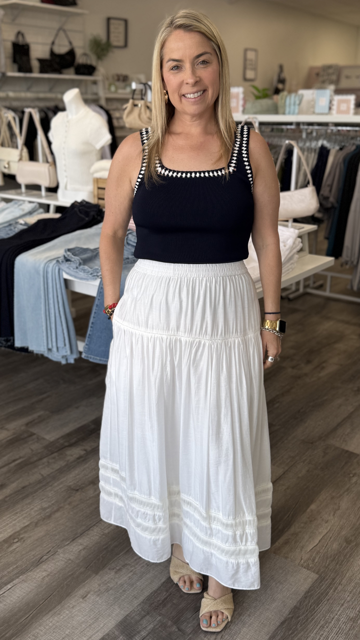 Navy Square Neck Ribbed Sweater Tank With White Crochet Trim