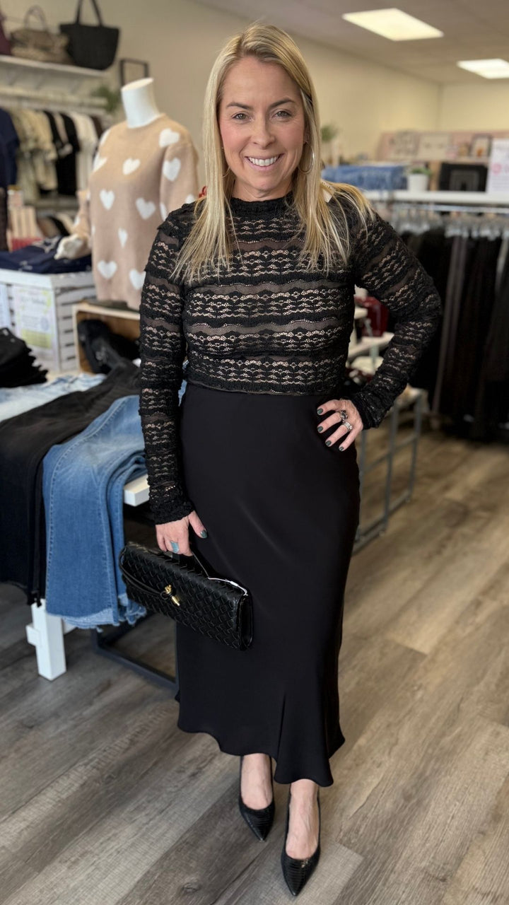 Black Woven Lace See Through Mock Top