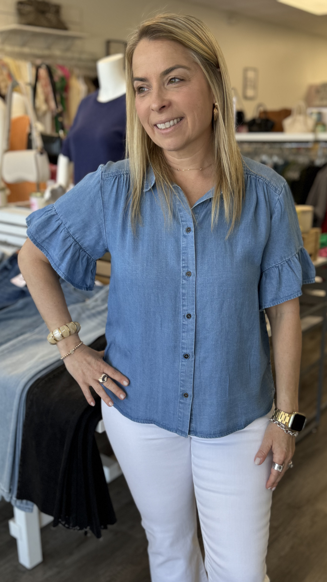 Tencel Ruffle Sleeve Button Down Top