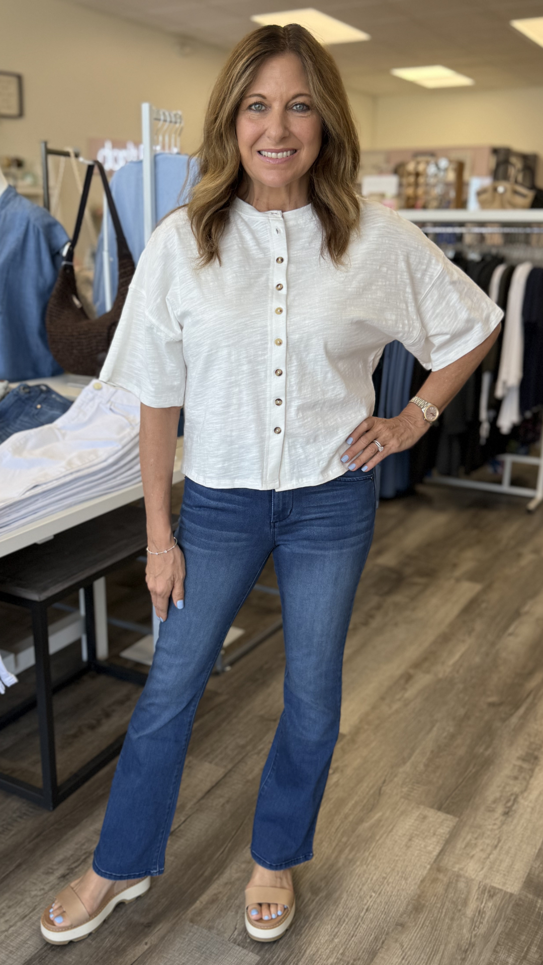 White Button Down Round Neck Half Sleeve Top