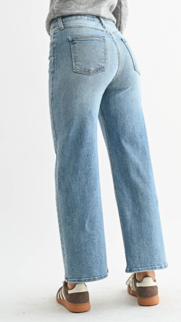 High Rise Medium Wash Slim Crop Wide Leg Jeans