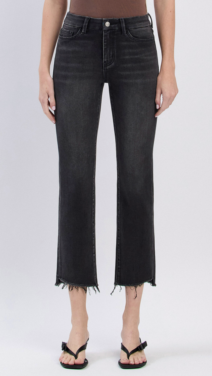 High Rise Black Frayed Hem Slim Straight Jeans