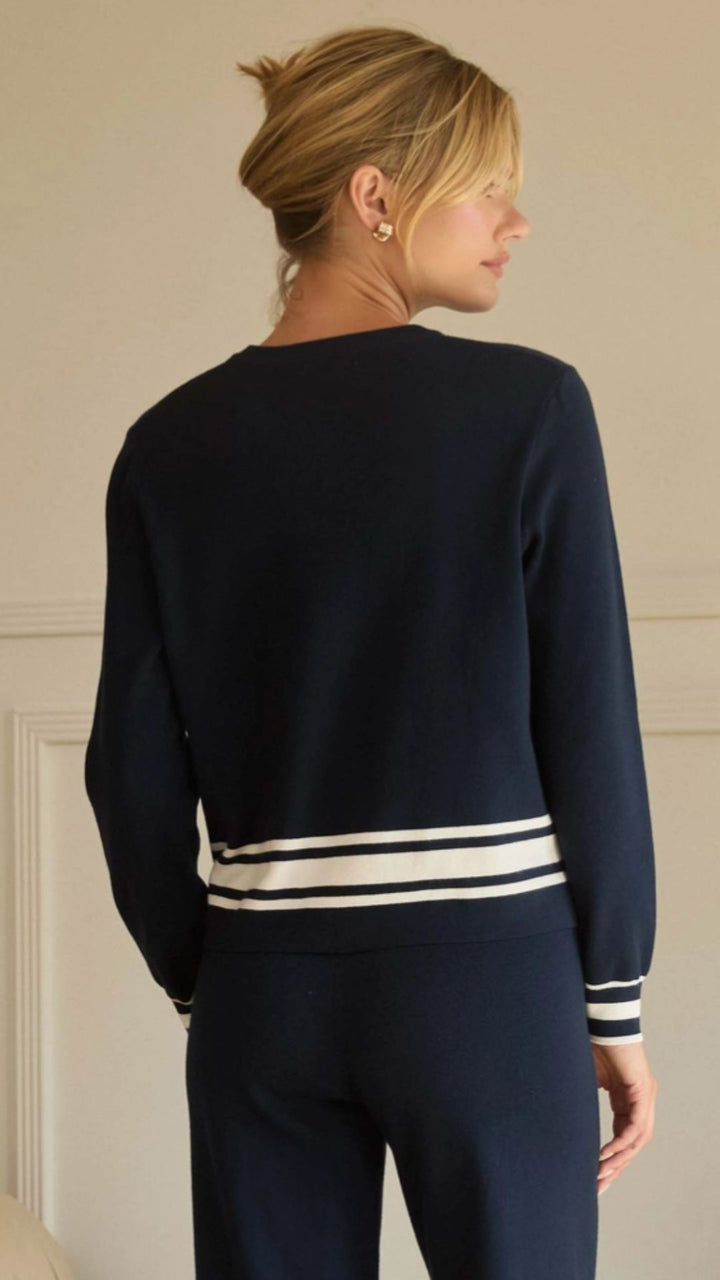 Navy And White Long Sleeve Crew Neck With Stripe Hem