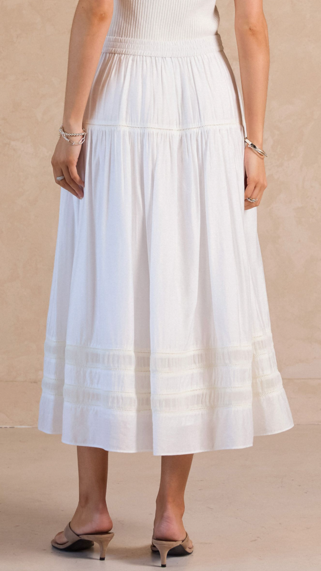 White Tiered Gathered Skirt With Ladder Lace
