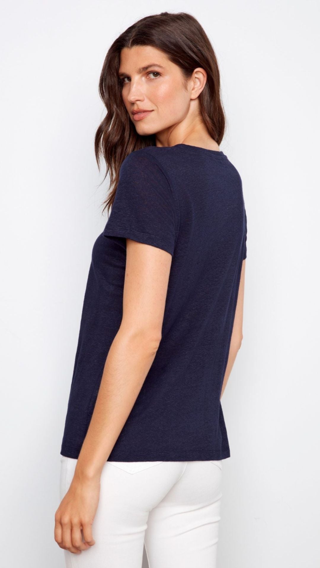Navy Linen Blend V Neck Tee
