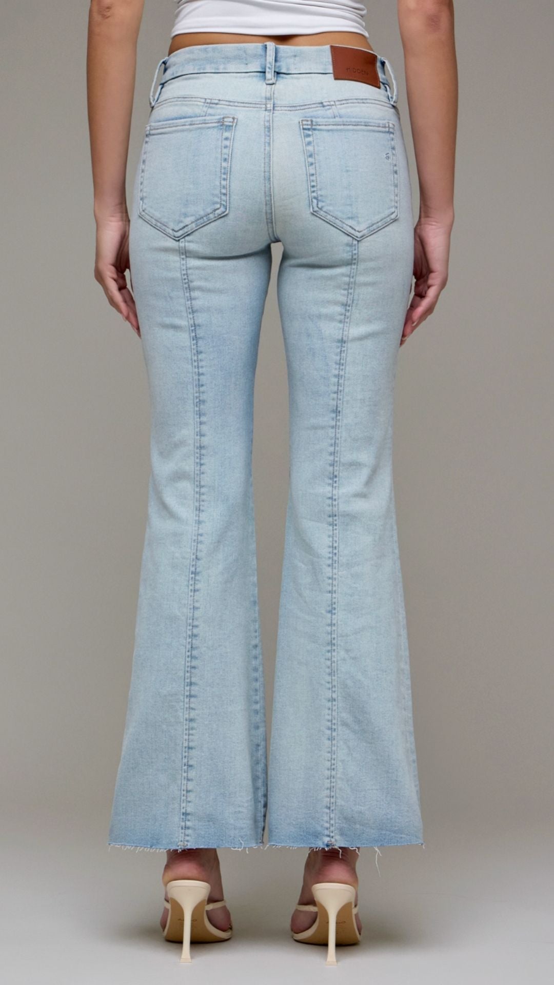 Mid Rise Vintage Wash Full Length Seam Detail Flare Jeans