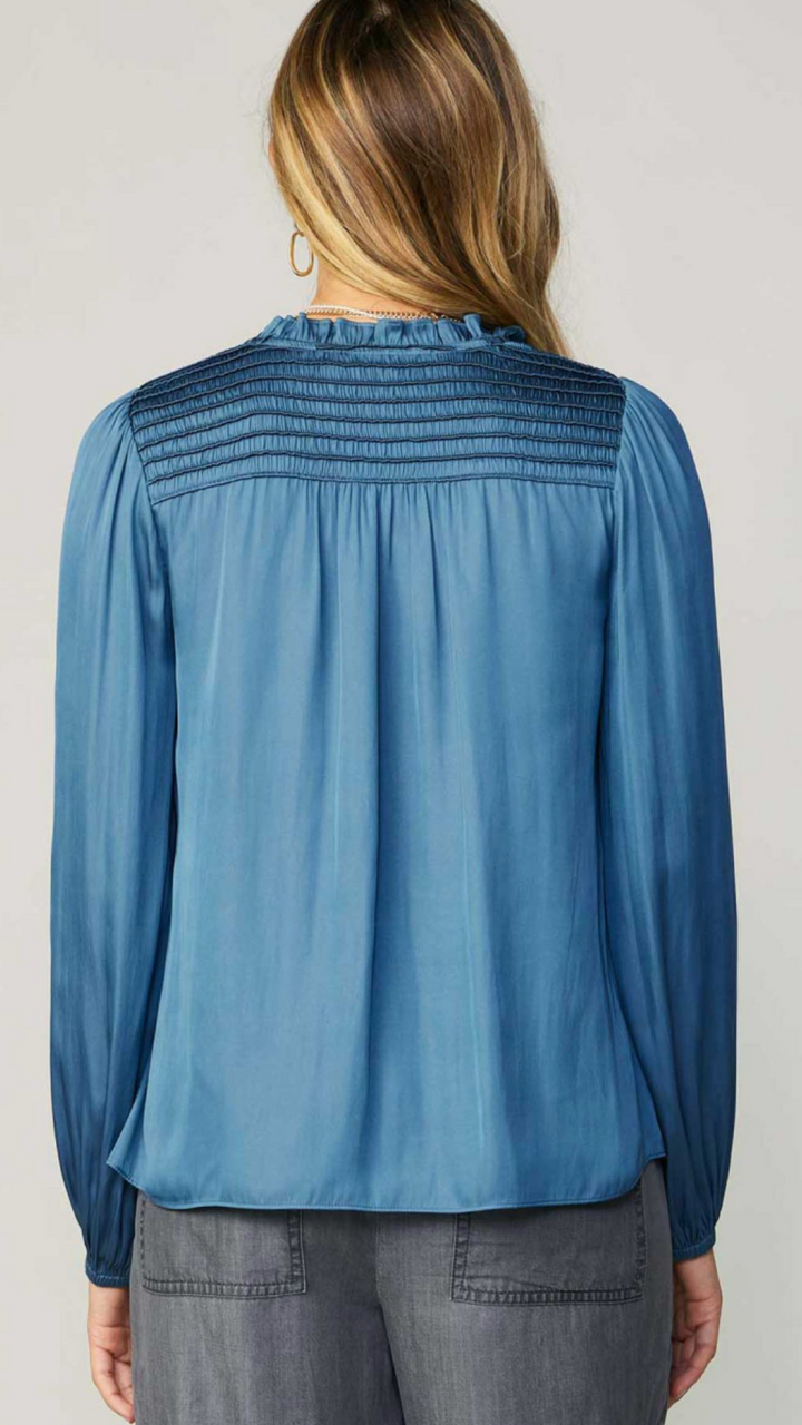 Split Neck Blouse With Ruffle Smocked Detail