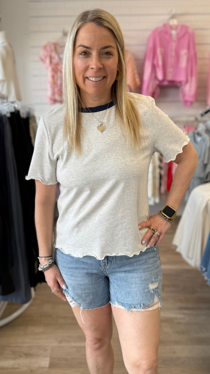 Navy Trim Lettuce Hem Top