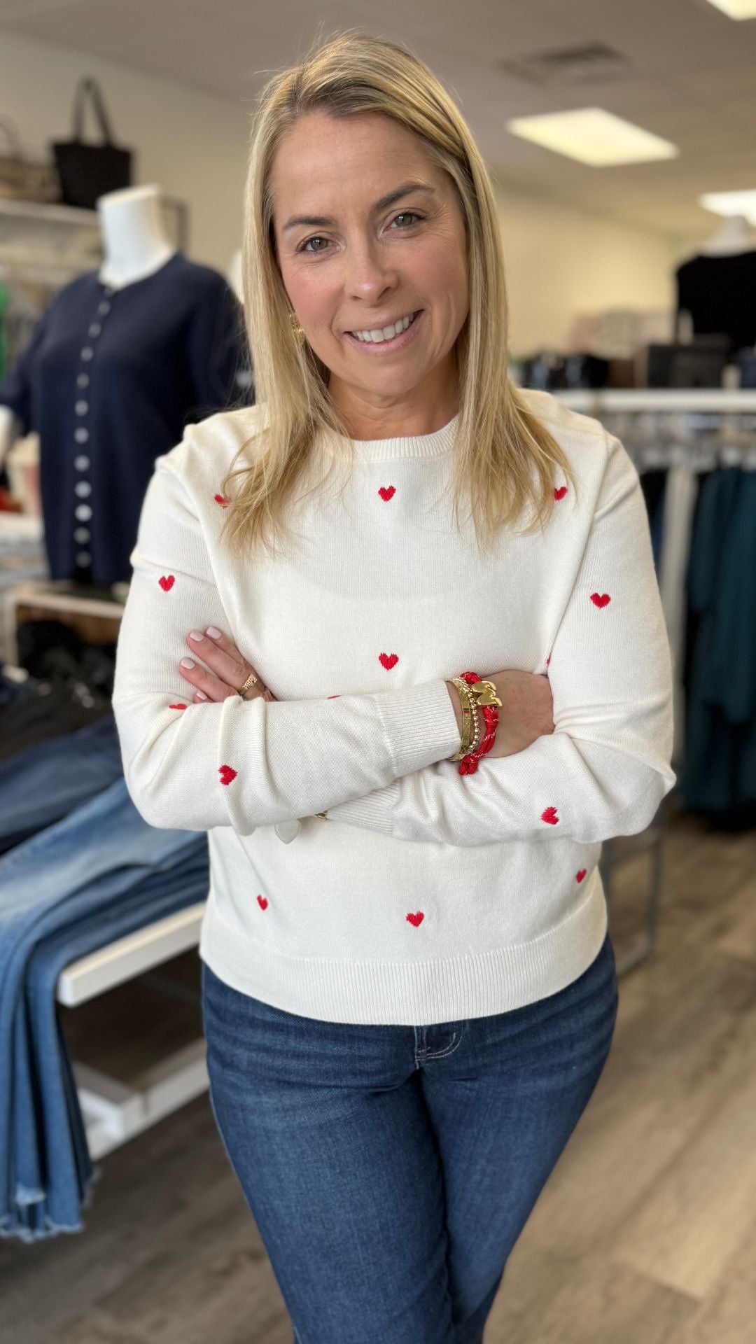 White And Red Heart Embroidery Sweater Top