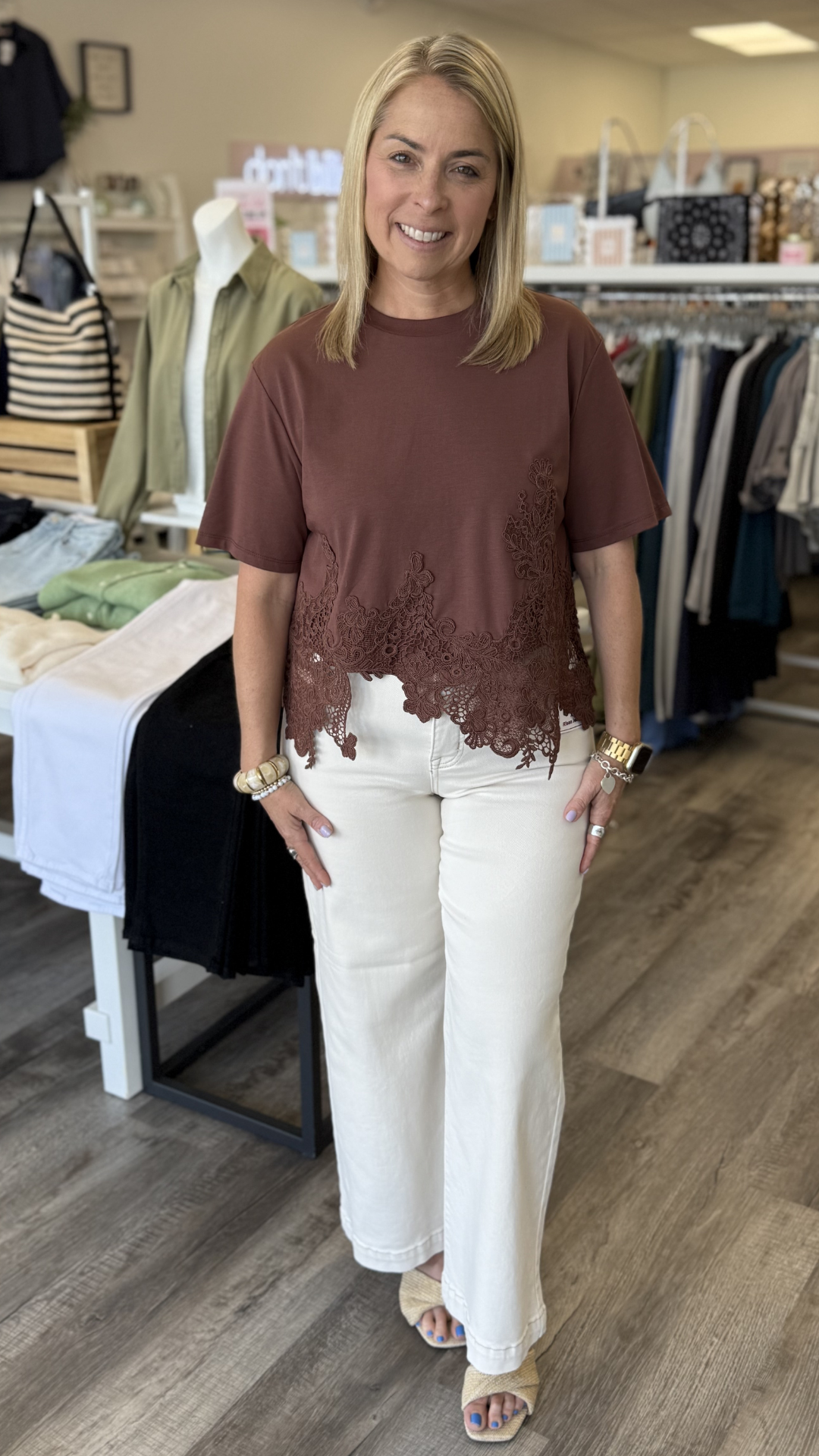 Brown Asymmetric Lace Hem Top