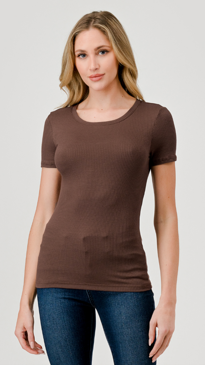 Brown Short Sleeve Ribbed Top