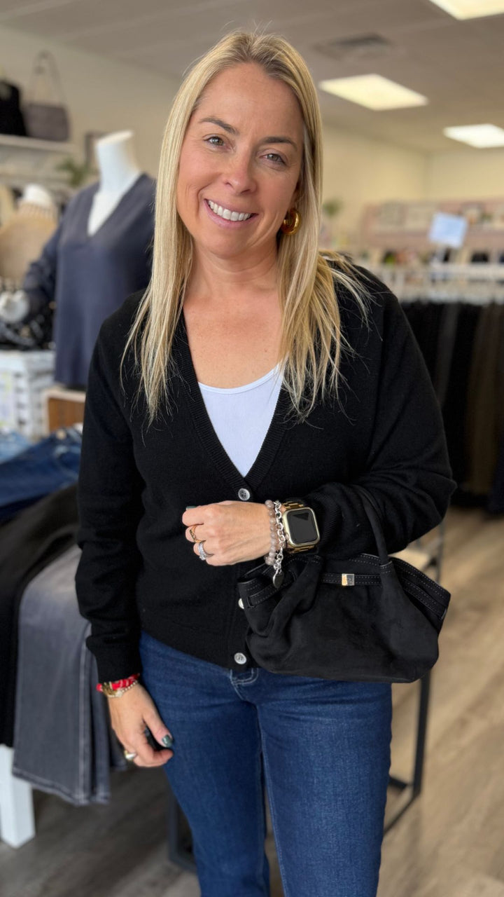 Black Deep V Knit Button Cardigan