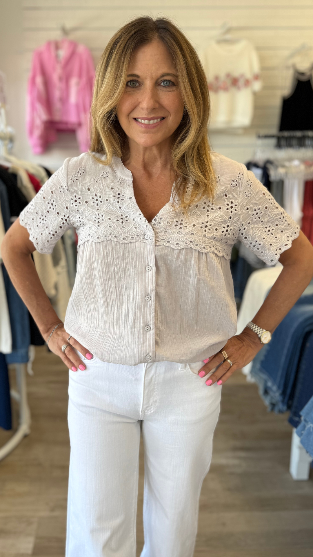 Dove Floral Eyelet Short Sleeve Button Down Blouse