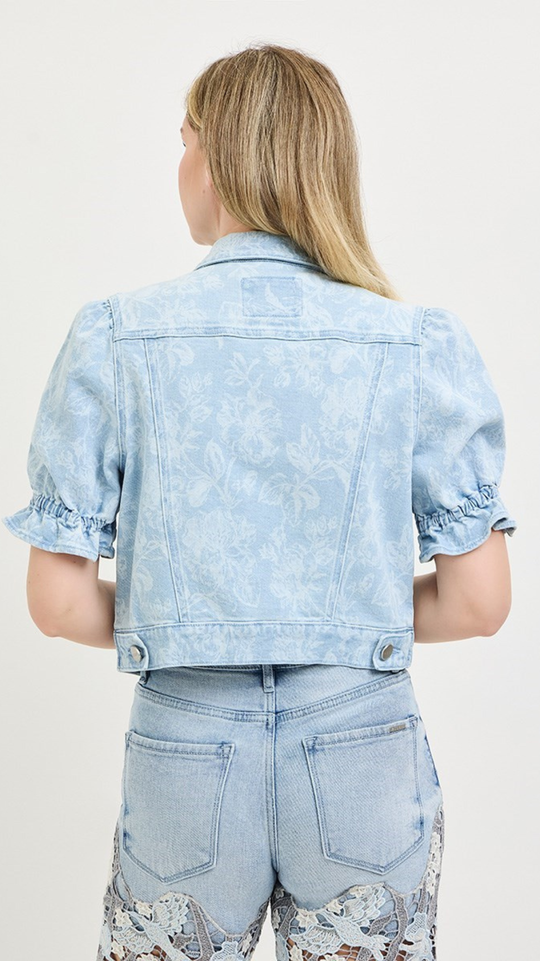 Floral Puff Sleeve Cropped Denim Jacket