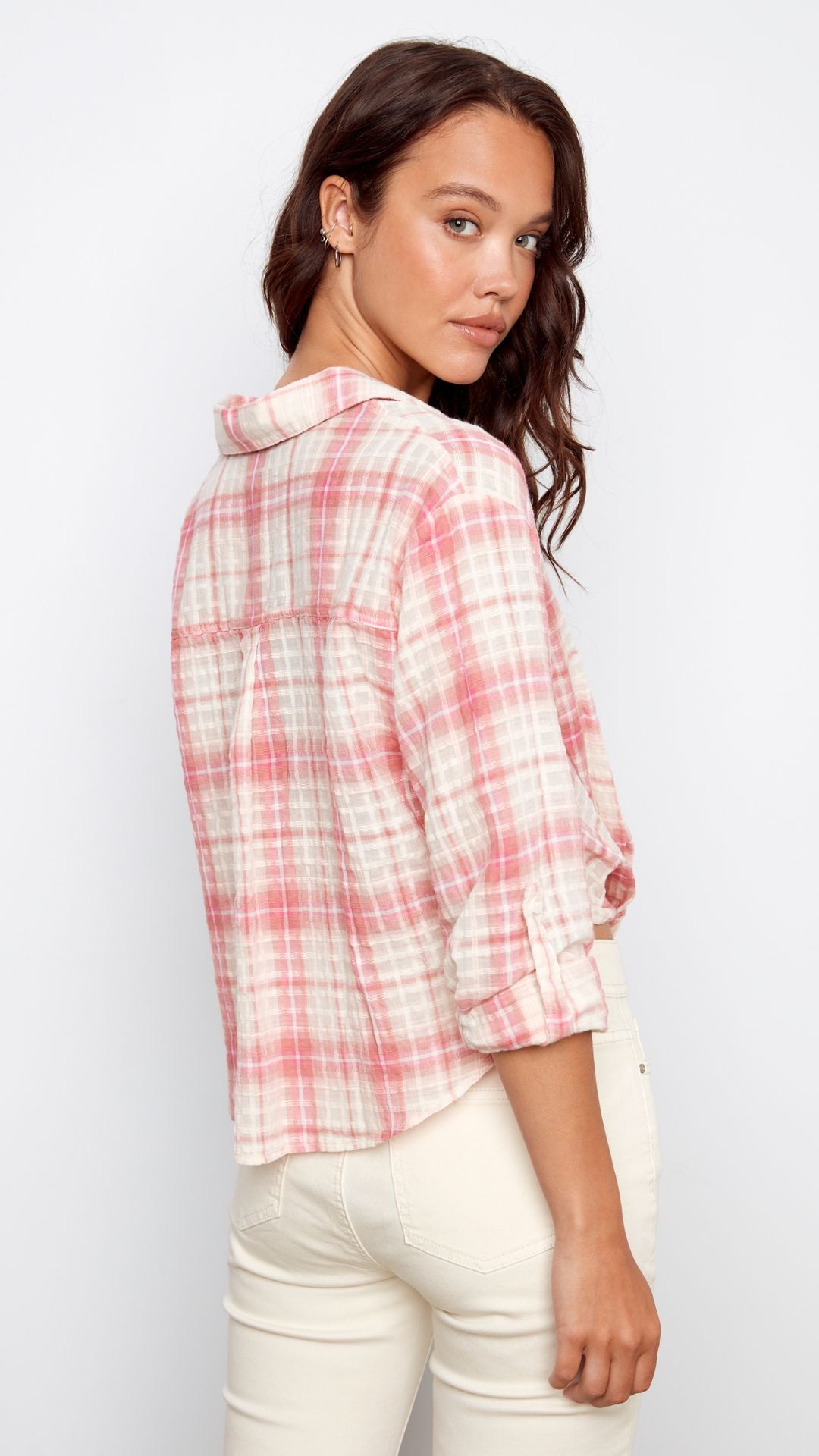Cotton Plaid Twist Front Shirt With Roll Up Long Sleeves