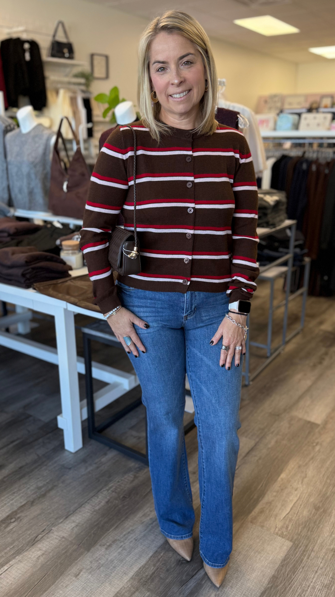 Brown Red And Pink Multi Stripe Button Cardigan