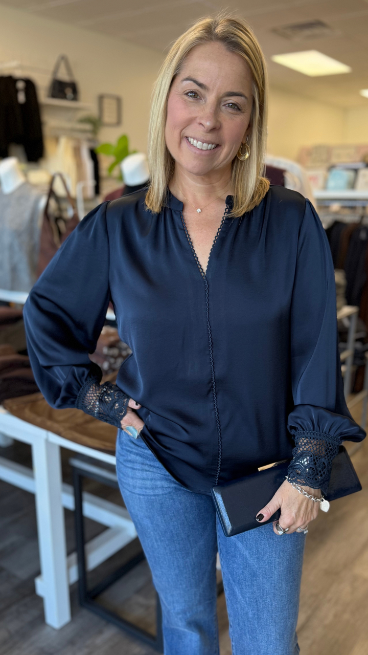 Navy Lace Trim Placket Detail Blouse