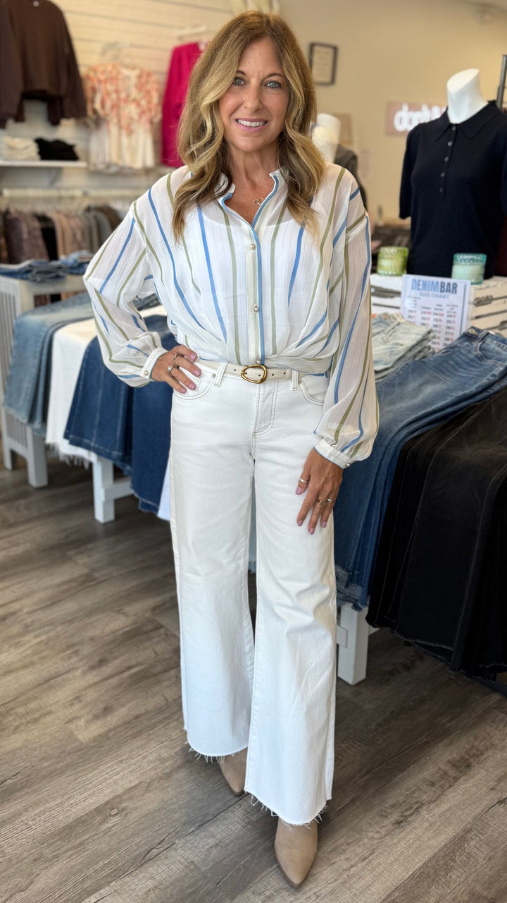 Stripe Surplice Sheer Long Sleeve Blouse