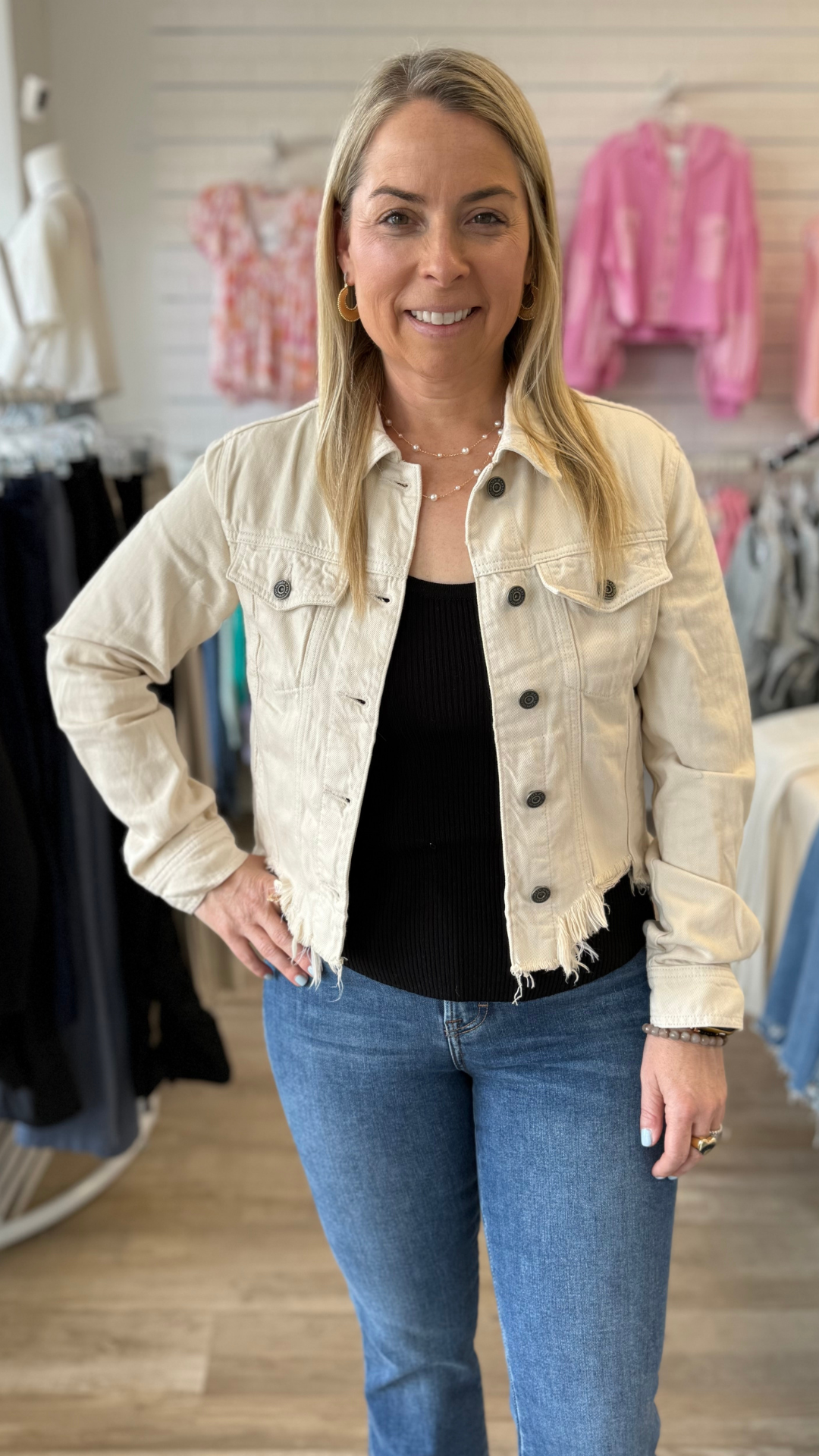Cream Cropped Frayed Fitted Jacket