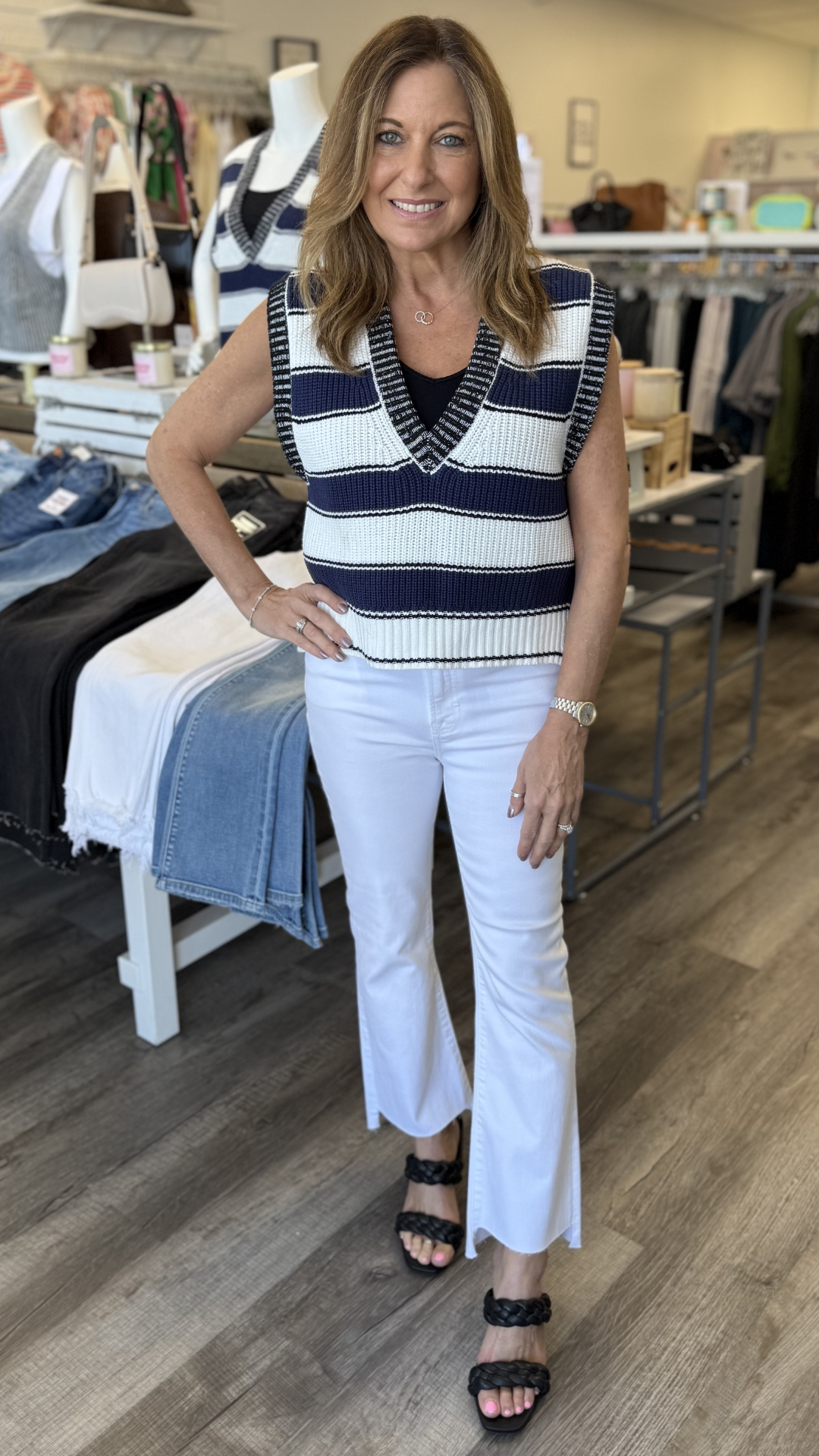 White Navy Stripe Sleeveless Sweater Vest
