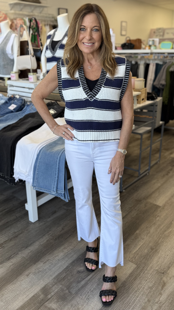 White Navy Stripe Sleeveless Sweater Vest