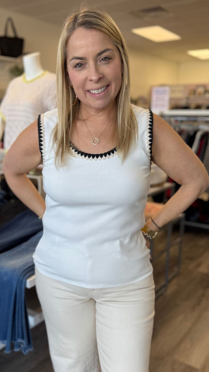 Ecru Knit Tank With Crochet Trim Detail