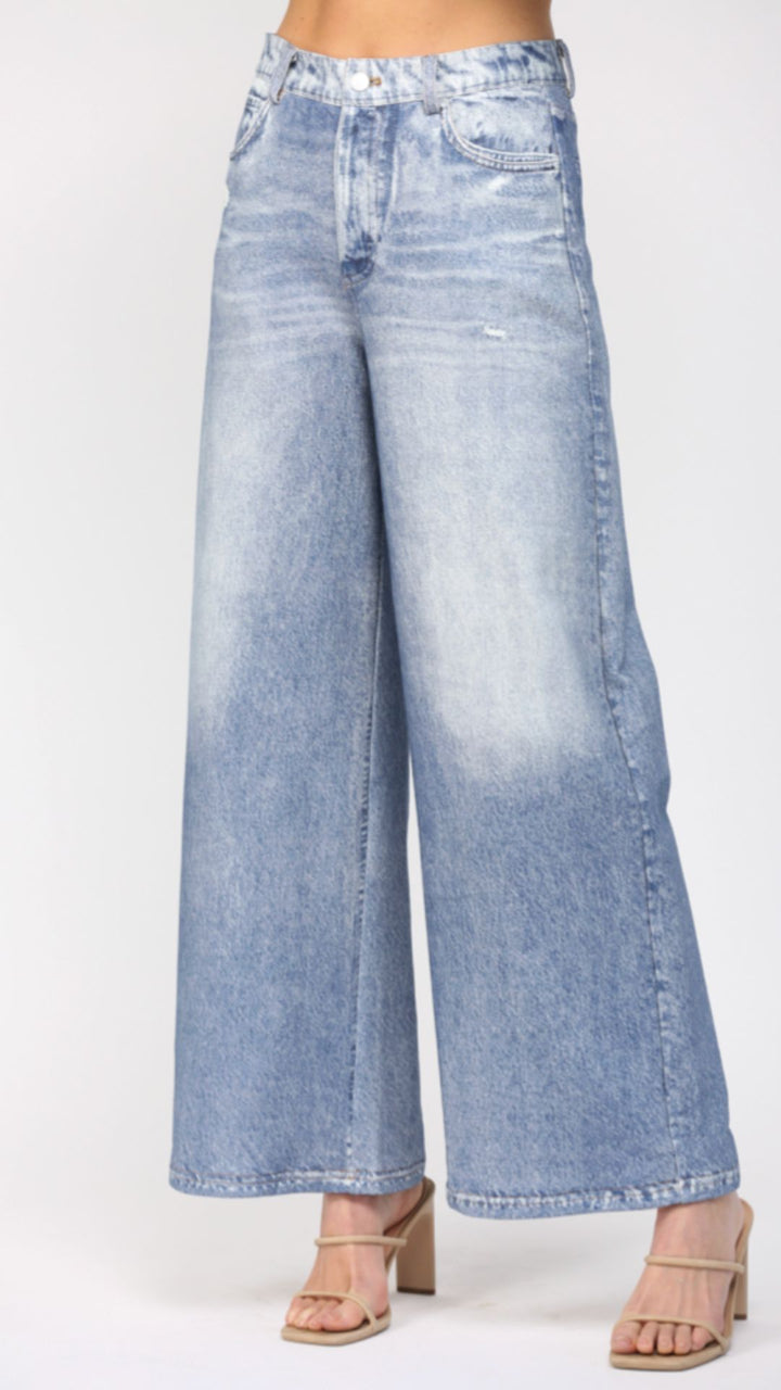 Denim Print Wide Leg French Terry Pants