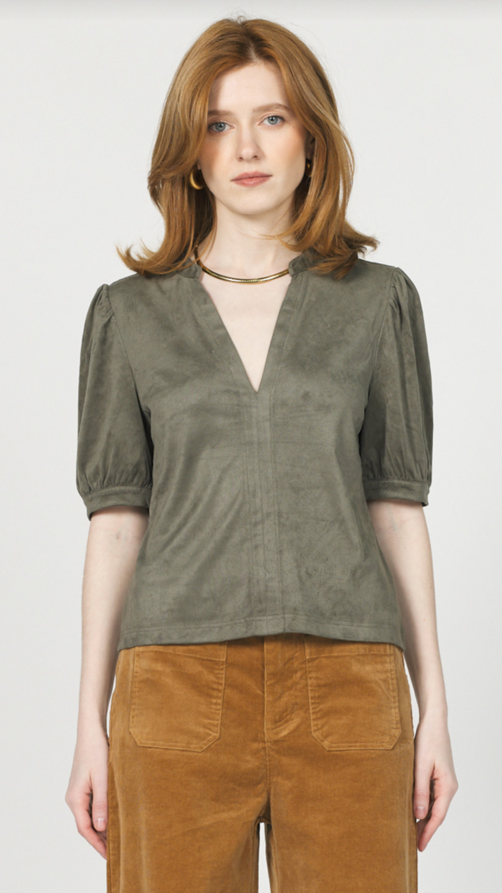 Slate Green Suede Puff Sleeve Top