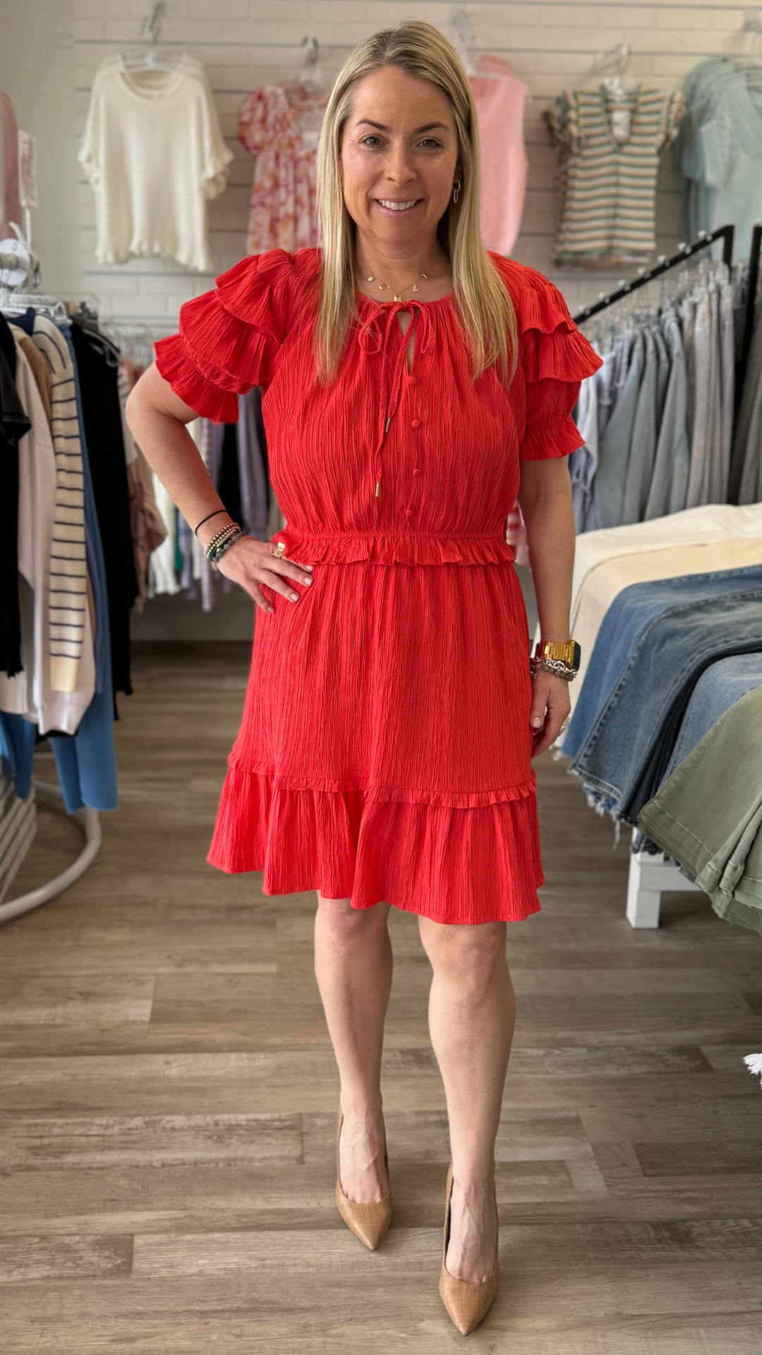 Coral Ruffle Sleeve Tiered Dress