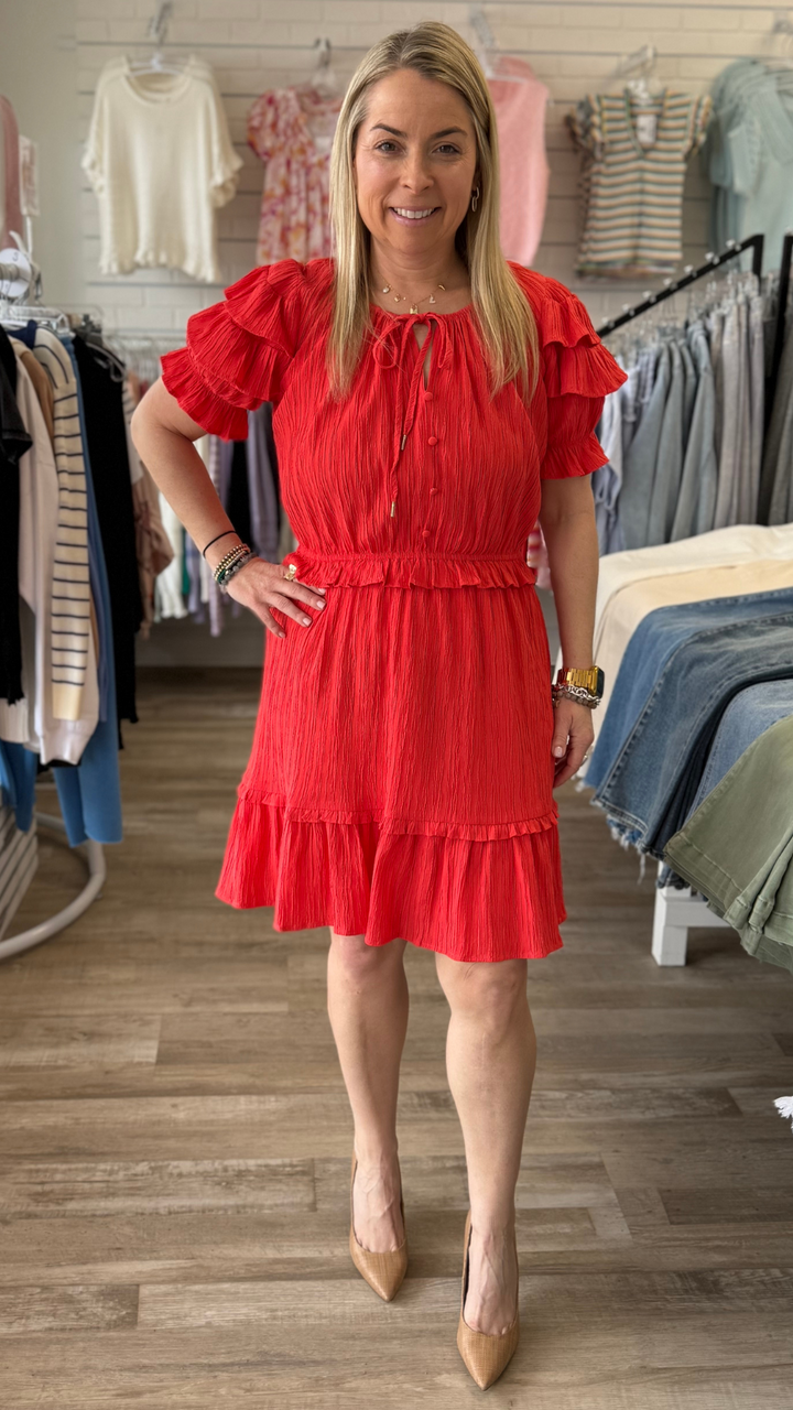 Coral Ruffle Sleeve Tiered Dress