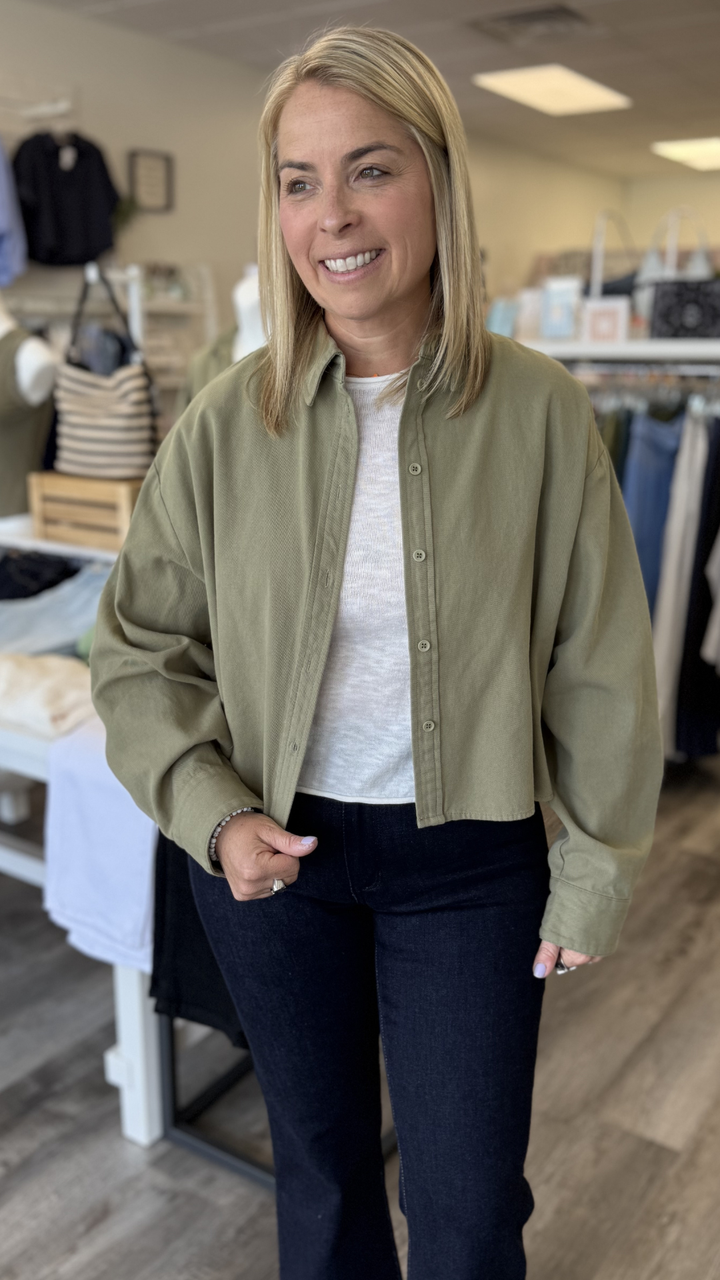 Olive Cropped Buttondown Shirt Jacket