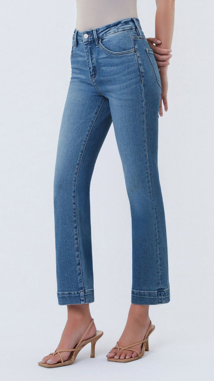 High Rise Medium Wash Seamless Waistband Trouser Hem Kick Flare Jeans